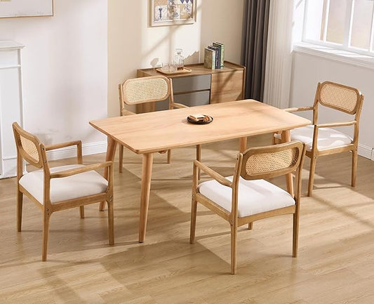 EALSON Rattan Dining Chairs with Arms Set of 4 Mid Century Dining Room Chairs with Wood Legs Linen Upholstered Kitchen Chairs Farmhouse Cane Back Arm Chair for Living Room, Beige, Light Natural