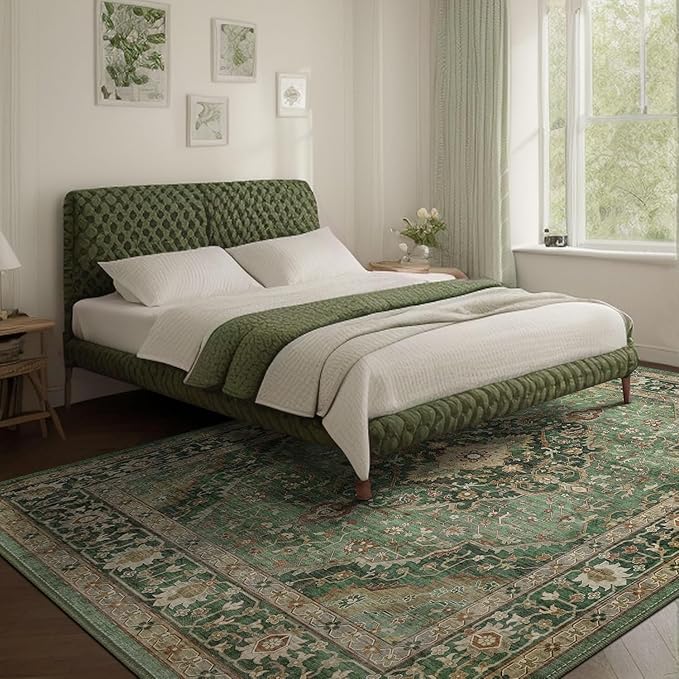 9x12 Rugs for Bedroom, Vintage Washable Rugs Non Slip Large Area Rug for Living Room Dining Room Office, Floor Decoration Big Rug Carpet Low-Pile Kid & Pet Friendly(Border Green)