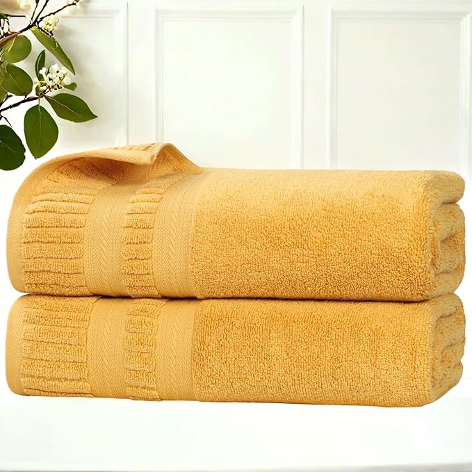 Superior Venice Zero Twist Cotton Medium Weight Towels, for Guest Bath, Bathroom, Shower, Spa, Plush Towels, Bath Essentials, Ribbed Textured Border, Bath Towels, Set of 2, Gold