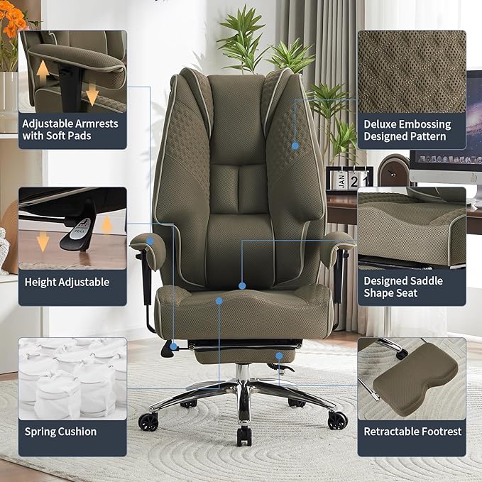 Big and Tall Office Chair 400lbs Wide Seat, Leather High Back Executive Office Chair with Lumbar Support, Ergonomic Chairs Padded Armrests & Thick Cushion (Mesh Green)