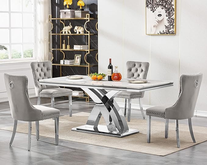 Goujxcy 68" Marble Dining Table Set for 4, Modern Rectangle Dining Room Table Set for 4, Luxury White Silver Marble Kitchen Table and Chairs Set of 4 for Living Room,Kitchen