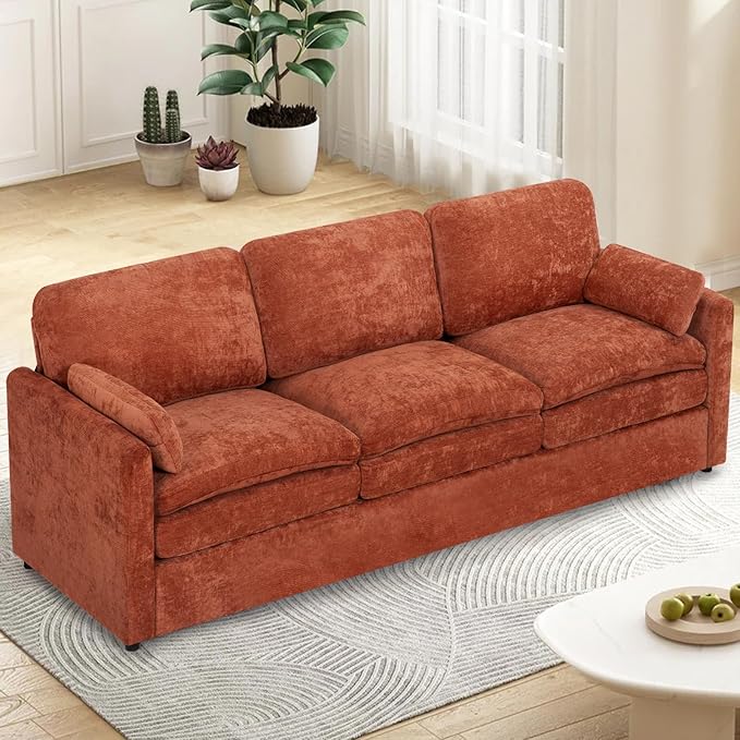 89” Chenille Sofa w/Arm Pillows, Upholstered 3-Seater Sofa w/Comfortable Back Cushions, Modern 3 Seats Couch w/High-Density Foam for Living Room, Apartment, Office, Orange