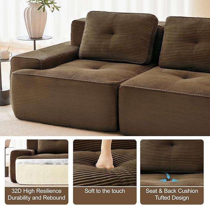150" Modern Corduroy Cloud Sofa, Boneless Modular Large Sectional Couches for Living Room, Brown 4 Seater Compressed Memory Foam Couch, Extra Deep Seat, No Assembly