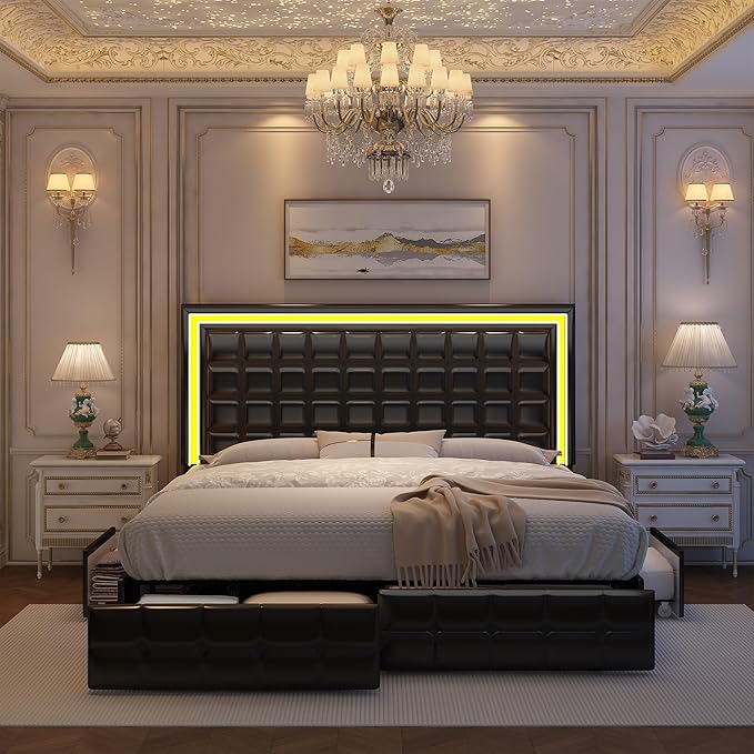 King LED Bed Frame with 4 Drawers, Bed Frame with Led Lights Adjustable Upholstered Headboard Platform Bed with Wooden Slats Support, No Box Spring Needed, PU Black