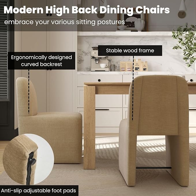 Khaki Upholstered Chenille Dining Chairs Set of 2, Mid Century Modern Dining Room Chairs with Deep Seat & Curved Back, Armless Side Chair Comfy Kitchen Chairs for Living Room/Kitchen