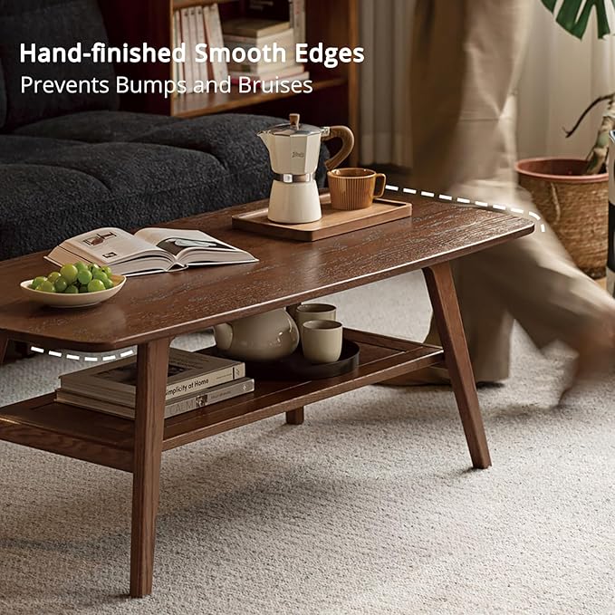 Solid Oak Wood Coffee Table - 2-Tier Modern Center Table, Living Room Tables with Double Storage for Living Rooms, Bedrooms, and Offices (Walnut, 31.49" D x 19.68" W x 17.32" H)