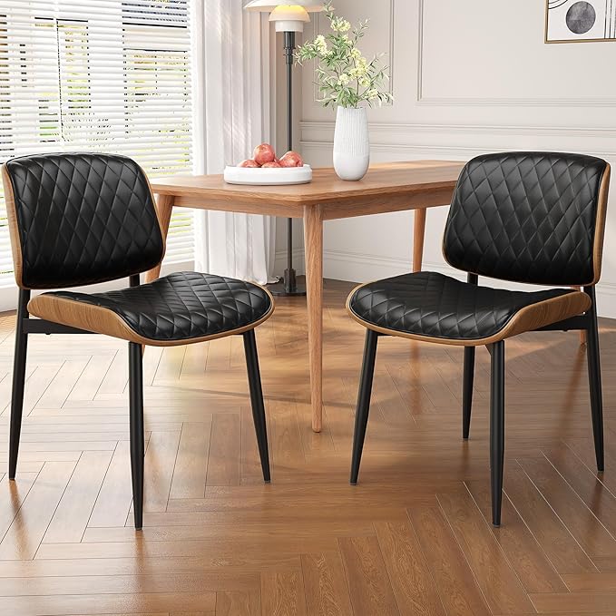 Dining Chairs Set of 2, Mid-Century Modern Upholstered PU Leather Chairs with Walnut Back and Metal Legs Adjustable Feet for Kitchen Dining Room, Black Diamond Plaid