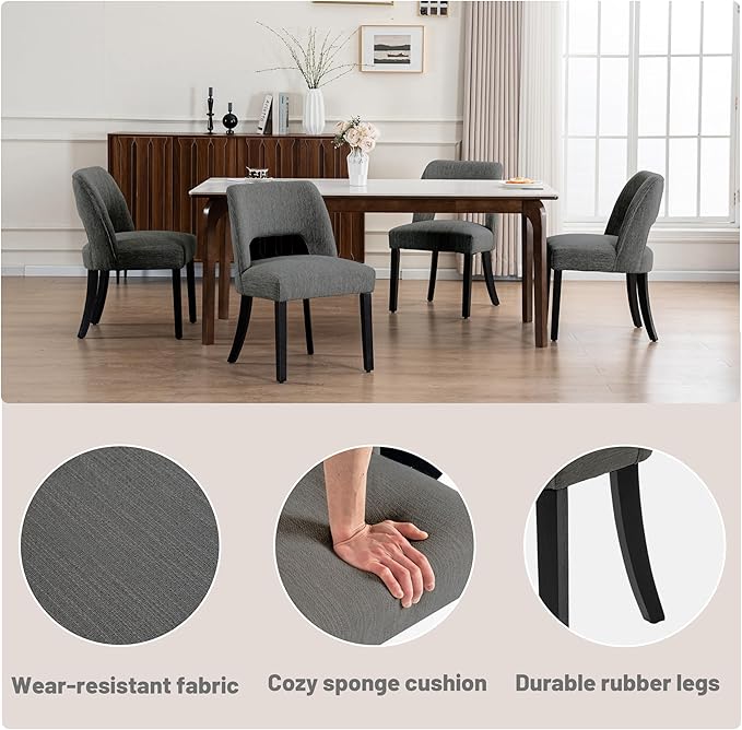 VKNOW Wooden Dining Chairs Set of 2, Modern Fabric Upholstered Dining Room Chair Kitchen Chairs, Farmhouse Dinner Chair for Kitchen Dining Room, Dark Grey-Black Legs