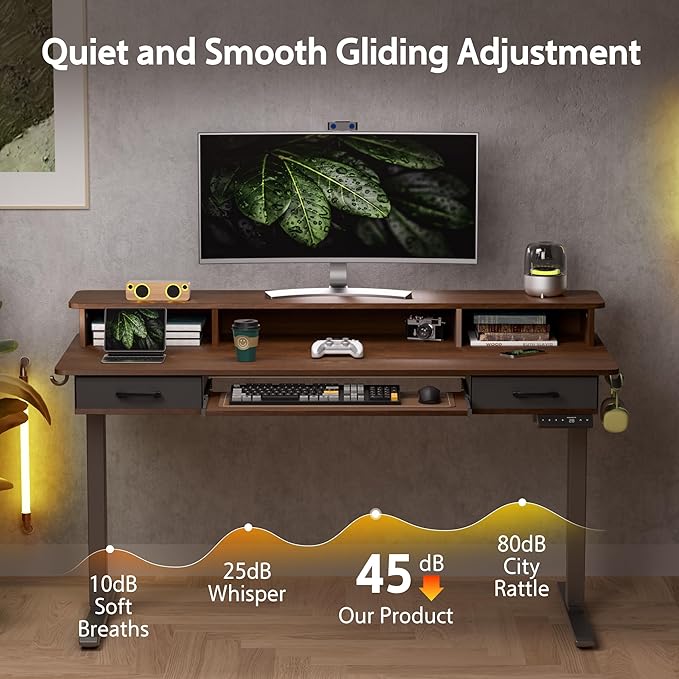 63 Inches Electric Standing Desk with Keyboard Tray, Height Adjustable Sit to Stand Table with 2 Drawers, Ergonomic Home Office Desk with Storage Shelf, Computer Table, Black Walnut