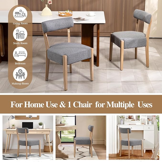 Dining Chairs Set of 4,Mid-Century Modern Wooden Kitchen Chairs with Linen Upholstery - Low-Back Woven Design for Kitchen & Dining Room,Grey Fabric