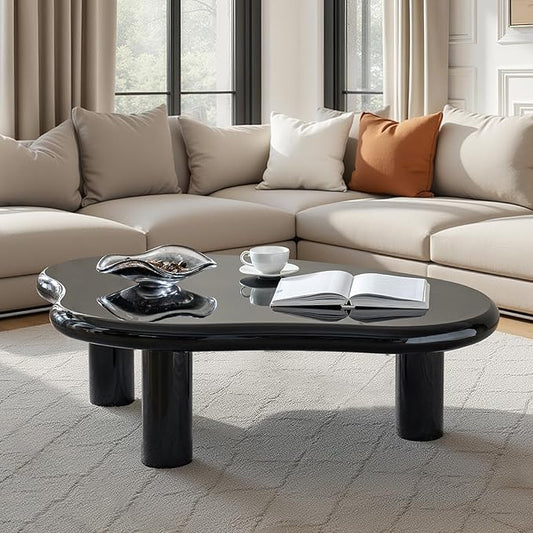 HULALA HOME Modern Cloud-Inspired Coffee Table with Asymmetrical Lacquered Top, Adjustable Legs & Rounded Corners, 50.5”W Contemporary Center Table for Living Room/Office, Holds 110 LBS, Easy Assembly
