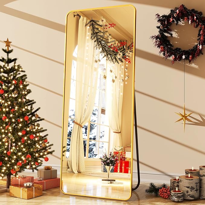 64"x21" Full Length Mirror, Full Body Rounded Corner Rectangle Mirrors with Stand, Standing or Leaning Metal Framed Floor Mirror, Wall Mounted Mirrors Hang Horizontally or Vertically, Gold