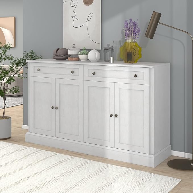 Farmhouse Vintage Console Table Sofa Table with 2 Drawers and Adjustable Shelves, Solid Wood Buffet Sideboard Storage Cabinet for Entryway Living Room Kitchen Dining Room (Antique White)