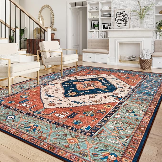 Lahome Area Rugs 9x12 Living Room - Boho Non-Slip Washable Rug Ultra-Thin Stain Resistant Large Carpet Throw Non Shedding Dining Room Mat, Oriental Print Carpet for Bedroom Guest Room (Rust, 9'x12')