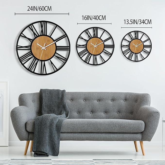 1st owned Wall Clocks for Living Room Decor,24" Vintage,Round Silent Non Ticking,Black Metal,Modern Wood Clocks for Home Bedroom,Kitchen,Garden,Office,Cafe,Modern Wall Decoration -Roman Numerals