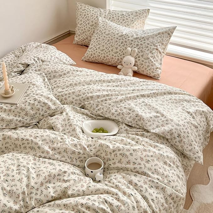 Aesthetic Floral Duvet Cover Twin 100% Cotton Boho Floral Comforter Cover White Chic Botanical French Style Duvet Cover Pink Floral Girls Flower Comforter Cover Vintage Cottagecore Bedding Set Twin