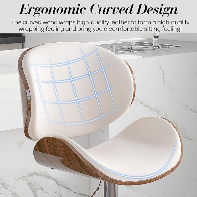 Adjustable Swivel Bar Stools 1 PC, Modern Bentwood Barstool with Large Metal Base and Footrest, PU Leather Upholstered Bar Chair with Curved Back for Kitchen Island Dining Room, White