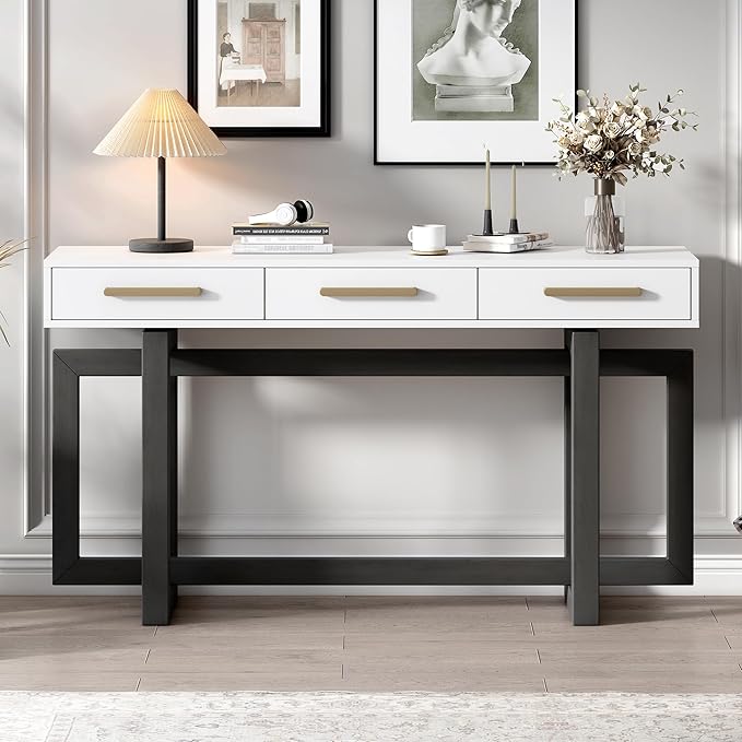 Knocbel Long Console Table with 3 Drawers and Handles, Minimalist Entryway Sofa Tables with Cross Sled Base for Living Room Hallway, 15.7" D x 57" W x 30.6" H Gray and Whitetop