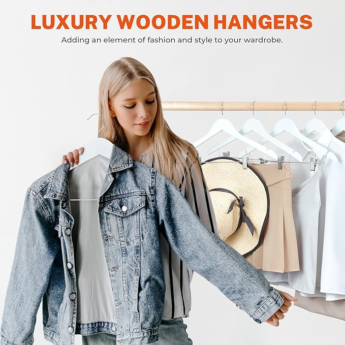 HOUSE DAY Wooden Hangers with Clips 12 Pack, Heavy Duty White Wood Pants Hanger, Premium Skirt Hanger with Adjustable Clips, Solid Clip Hangers for Suit, Blouse, Dress, Coat, Jacket, Bottom