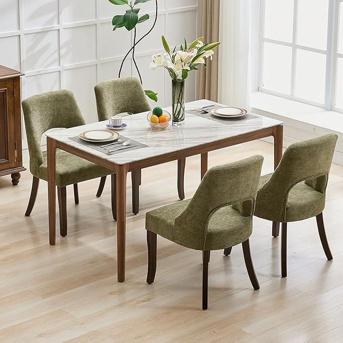 UVV Wooden Dining Chairs Set of 4, Mid Century Modern Chenille Upholstered Dining Room Chair Kitchen Chairs, Farmhouse Dinner Chair with Solid Wood Legs for Kitchen Dining Room, Green