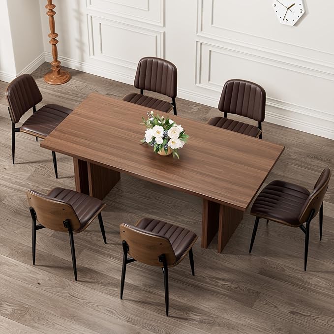 Dining Chairs Set of 4, Mid-Century Modern Upholstered PU Leather Chairs with Walnut Bentwood Back and Metal Legs Adjustable Feet for Kitchen Dining Living Room, Dark Brown Vertical Stripes