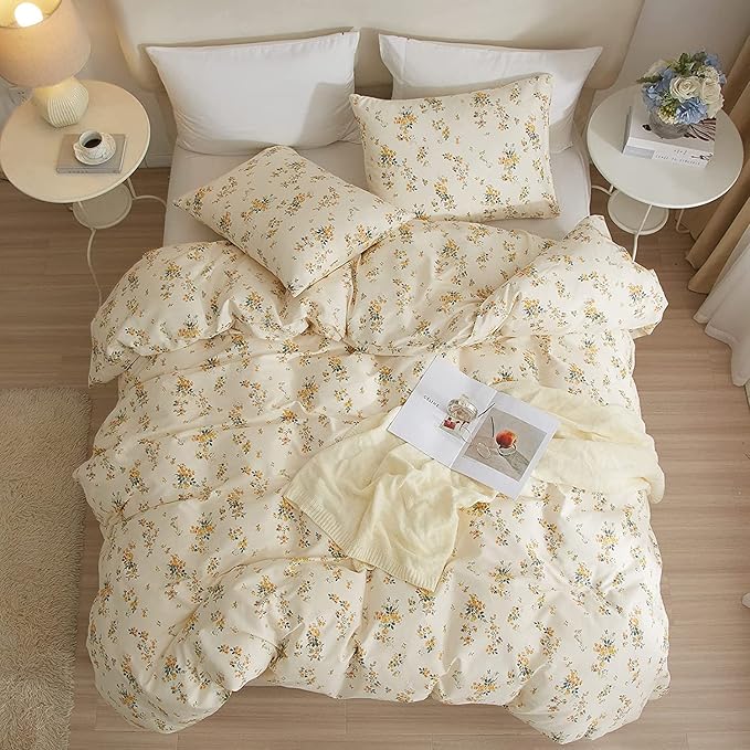 LifeTB Yellow Flower Duvet Cover Set Twin Girls Yellow Floral Duvet Cover Chic Garden Flower Bedding Sets Cotton Botanical Floral Duvet Comforter Cover 1 Twin Duvet Cover with 2 Pillow Shams