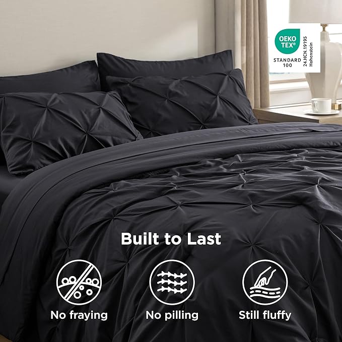 Bedsure King Size Comforter Set Black - Bed in a Bag Bedding Set 7 Pieces, GentleSoft™ Pintuck Bed Set Gift for Family, Pinch Pleat Black Comforter with Sheets, Pillowcases & Shams