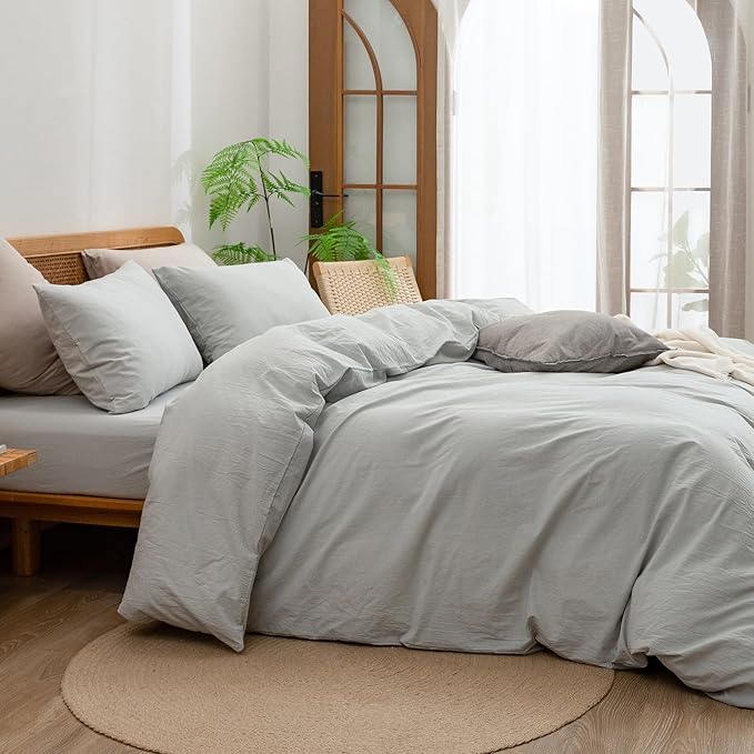 BESTOUCH Duvet Cover Set 100% Washed Cotton Linen Feel Super Soft Comfortable Chic Lightweight 3 PCs Home Bedding Set Solid Northern Droplet Grey Queen