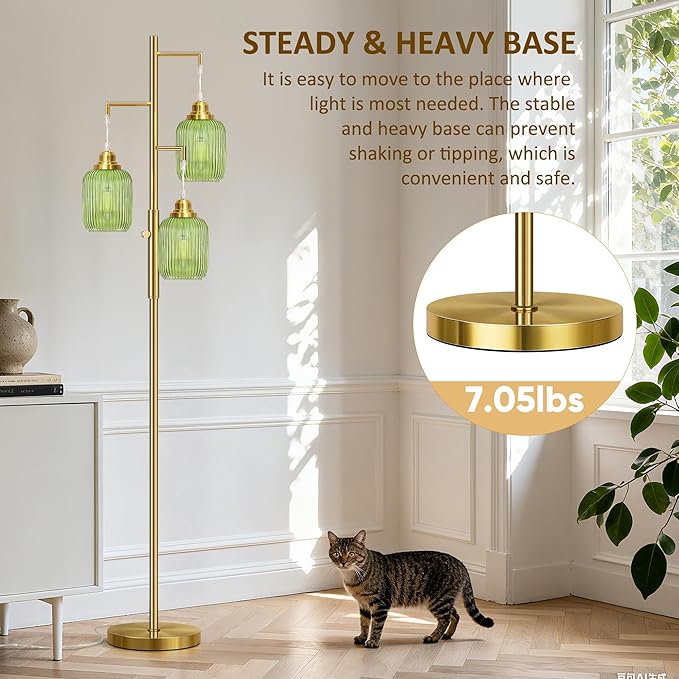 Rottogoon Dimmable Gold Floor Lamp for Living Room- 3 Light Green Glass Floor Lamps, Vintage Brass Tree Floor Lamps with 3X 6W LED Bulbs, Modern Standing Tall Lamp for Bedroom, 68", Gold & Green Glass