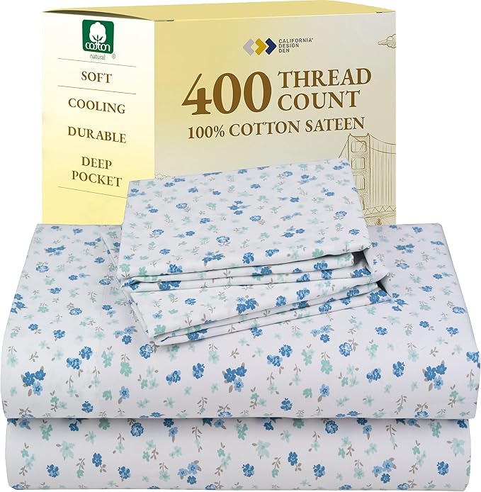 California Design Den Floral Pattern King Size Sheets Set - Luxury 400 Thread Count Sateen, Natural 100% Cotton Sheets, Deep Pockets, Cooling and Durable Bedding Set - Blooming Meadows
