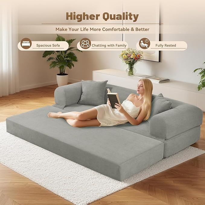 Convertible Folding Sofa Bed,80" Pull Out Couch with Pillows & Storage Pocket,Modular Futon Bed Corduroy Queen Sleeper Sofa in a Box,Compression Boneless Couch for Living Room,Light Gray