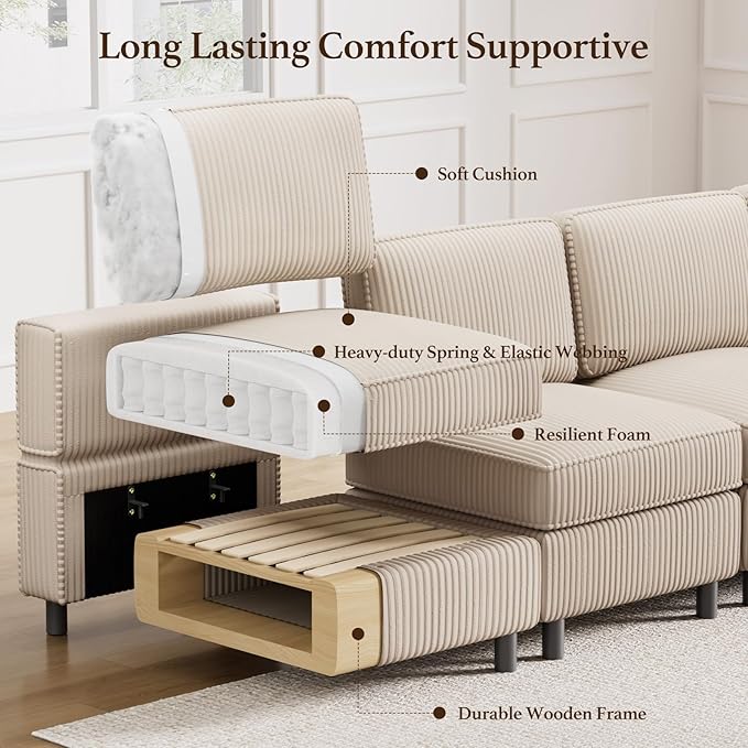 114.2" Modular Sectional Sofa with Deep Storage Seat,U Shaped Sectional Sofa Couch Convertible 6 Seater Corduroy Couch with Movable Ottoman,Upholstered Sectional Couches for Living Room,Beige