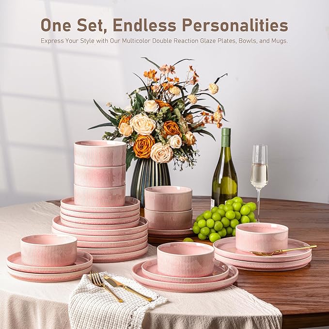 GBHOME Stoneware Dinnerware Sets for 4,Round Reactive Glaze Ceramic Plates and Bowls Set,Highly Scratch Resistant | Dishwasher & Microwave Safe Dishes Set,Service for 4(12Pcs),Pink