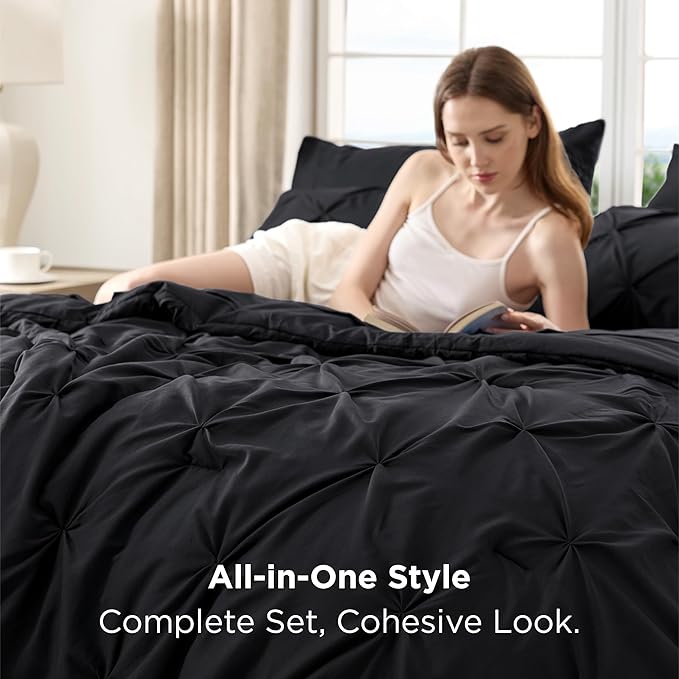 Bedsure Oversized Queen Comforter Set Black - Bed in a Bag Bedding Set 7 Pieces, GentleSoft™ Pintuck Bed Set Gift for Family, Pinch Pleat All Season Comforter with Sheets, Pillowcases & Shams