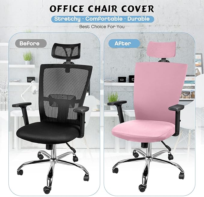 Lounsweer 3 Pieces Office Chair Cover Rolling Desk Chair Cover Gaming Covers Stretch Washable Protector Pets Slipcovers for Swivel Armchair Boss(Simple,Light Pink)