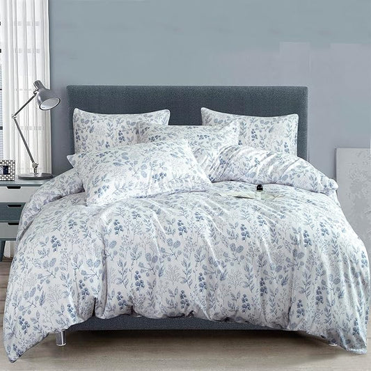Queen Floral Comforter Set 3 Pieces Soft Cute Bedding Blue Flower Print Botanical Garden Style Comforter and 2 Pillowcases