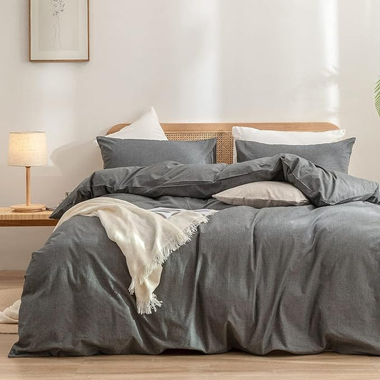 BESTOUCH Duvet Cover Set 100% Washed Cotton Linen Feel Super Soft Comfortable Chic Lightweight 3 PCs Home Bedding Set Solid Dark Grey Super Queen