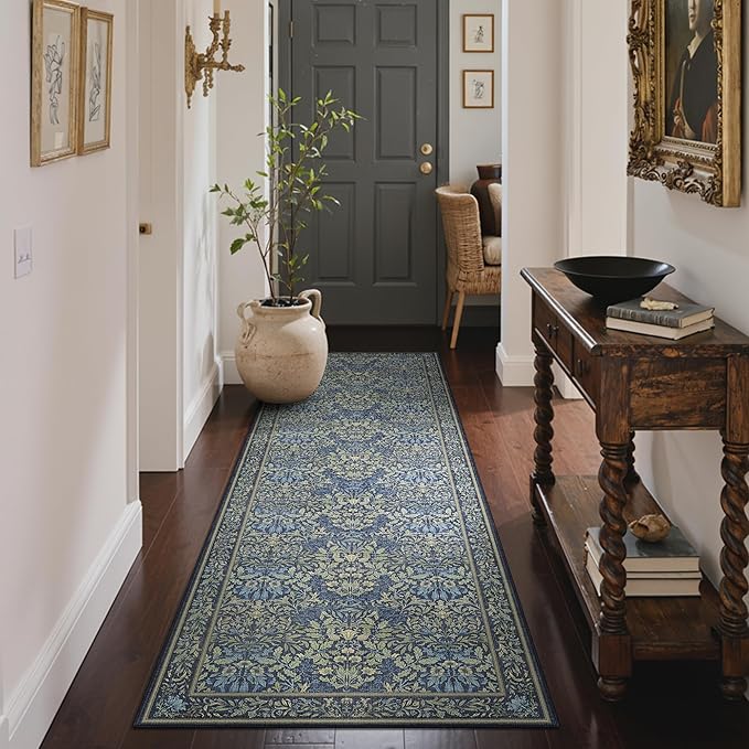 GENIMO Floral Washable Runner Rug 2’6”x8’, Non-Slip Long Hallway Carpet for Entryway, Kitchen, Indoor Floor Use, Vintage Boho Soft Thin Rug Décor, Dark Blue