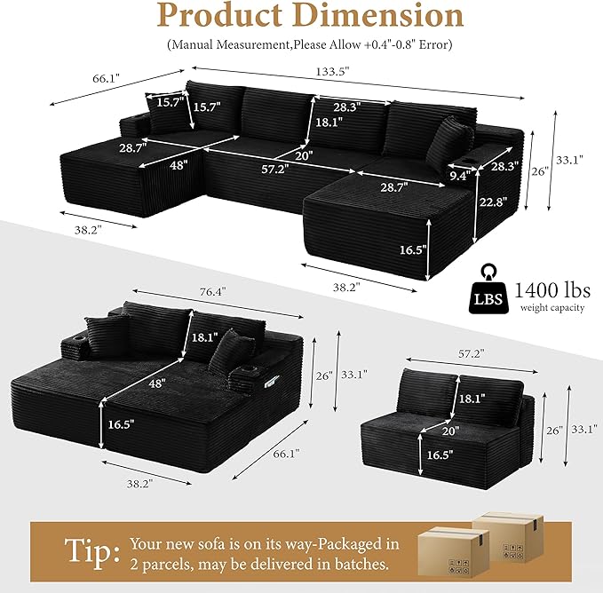 133" Couches for Living Room Deep-Seat Sectional Couch for Living Room Corduroy Boneless Couchs U-Shape Cloud Couch Flexible Modular Sectional Sofa with Chaise Lounge (Black, with Cup Holder)