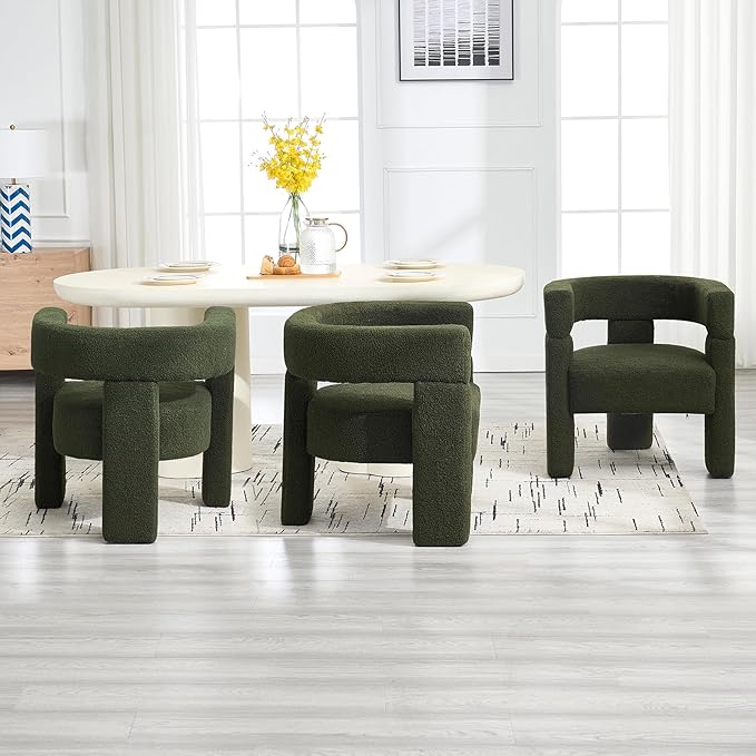 Sherpa Barrel Dining Chairs Set of 3, Upholstered Boucle Accent Kitchen Chairs with Arms, Comfy Faux Fur Side Chair Modern Armchair for Dining Room, Bedroom, Home Office, Green