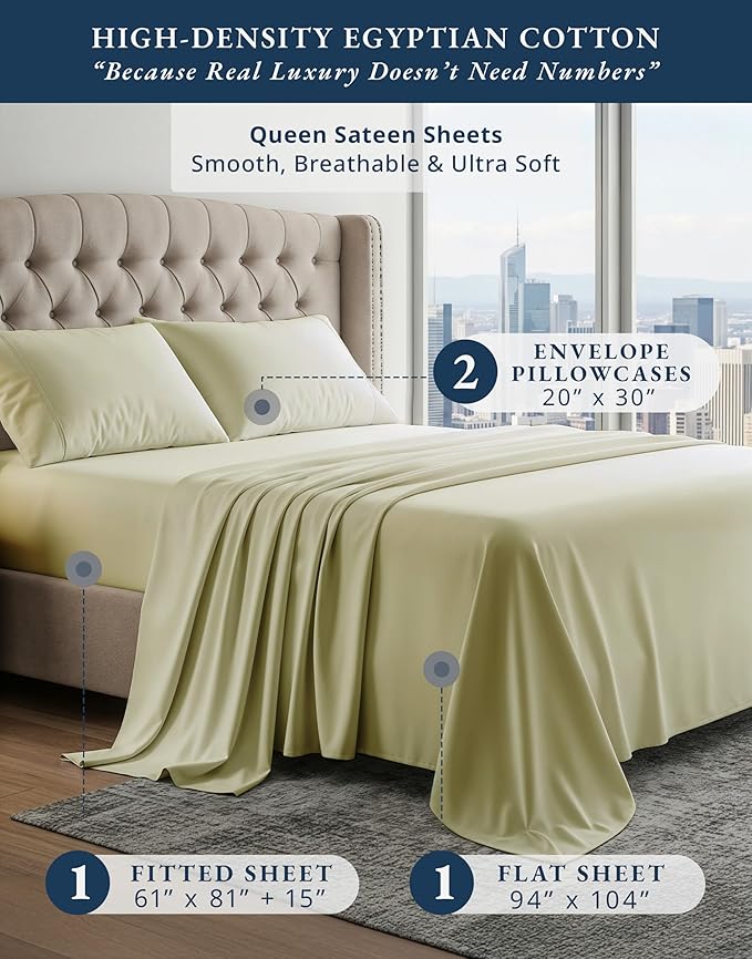 100% Egyptian Cotton Queen Bed Sheet Set – 4 Piece Queen Sheets Set, Breathable & Fade Resistant, Silky Sateen Weave for Winter Comfort, Ultra-Soft Hotel Luxury Bedding with 15" Deep Pocket - Seafoam