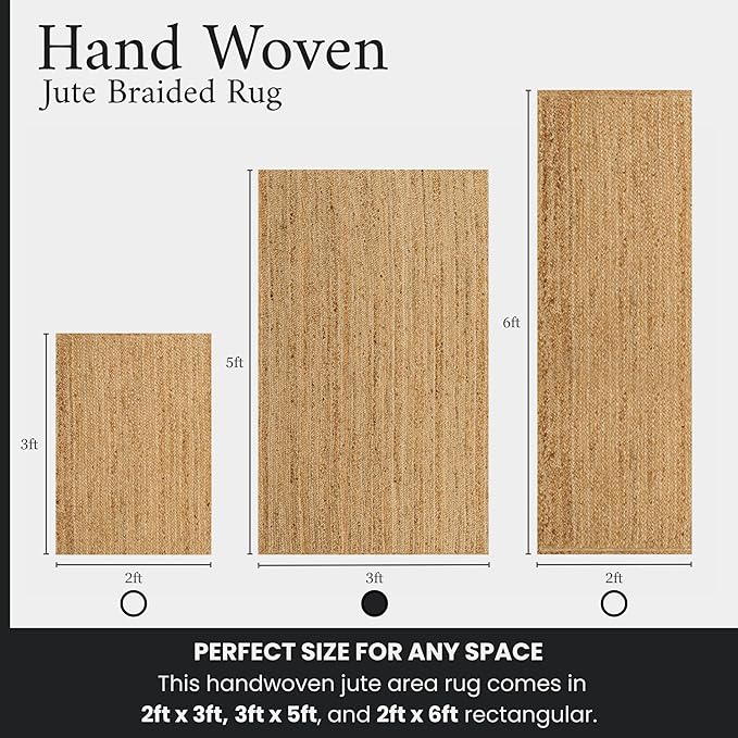 Jute Area Rug 3x5 Natural Jute Rug with Non-Slip Backing, Low-Profile Farmhouse Rug for Living Room, Bedroom or Entry – Eco-Friendly Boho Decor, Non-Shed for High-Traffic Door Mat