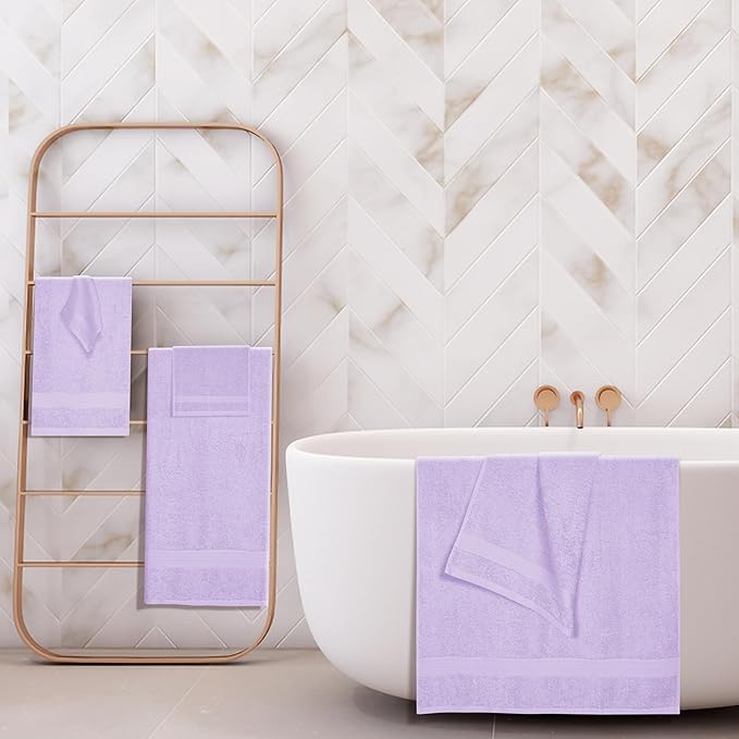 BOUTIQUO 6 Pack Cotton Towel Set, Contains 2 Bath Towels 27x54 inch, 2 Hand Towels 16x24 inch & 2 Wash Coths 12x12 inch, Ideal Everyday use, Ultra Soft Compact & Lightweight - Purple