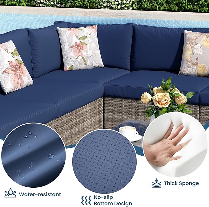 8 Pieces Outdoor Patio Furniture Set with 43" Fire Pit Table, Wicker Outdoor Patio Sectional Sofas with Coffee Table and Cushions, All-Weather Patio Conversation Set for Backyard Garden, Navy Blue
