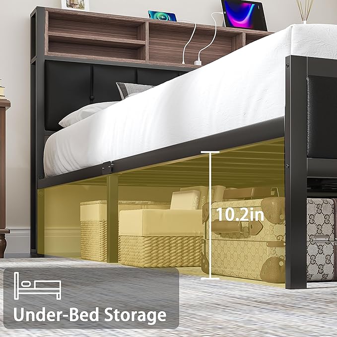 VECELO Farmhouse Metal Bed Frame Twin Size with Wooden Headboard & Footboard, Solid Platform Mattress Foundation with Storage, LED Light, Charging Station, USB Ports, Noise-Free, Easy Assembly, Black
