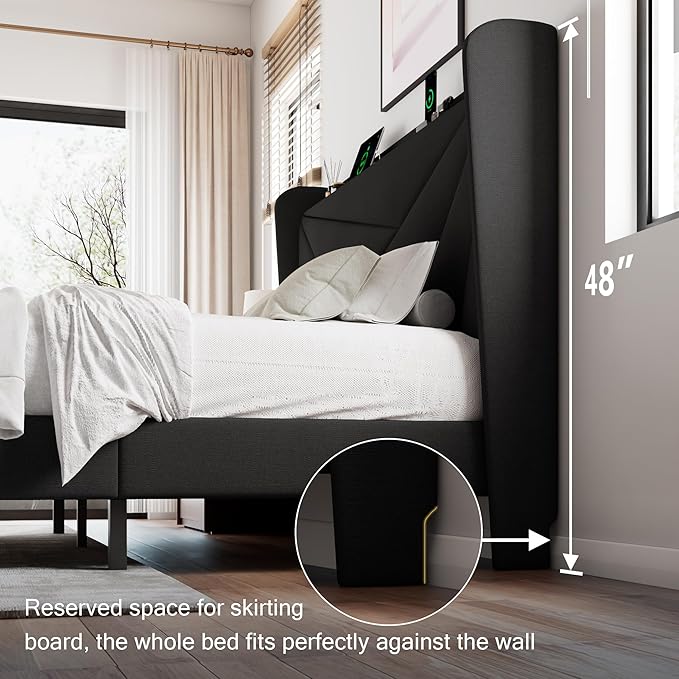 Queen Size Upholstered Bed Frame with Charging Station, Platform Bed Frame with Storage Headboard, Solid Wood Slats Support, No Box Spring Needed, Black