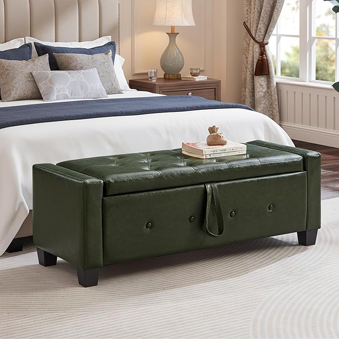 48" Faux Leather Ottoman with Storage, Tufted Storage Ottoman Bench with Safety Hinge, Rectangular Extra Long Bench for Bedroom, Living Room, Entryway and Window, Green