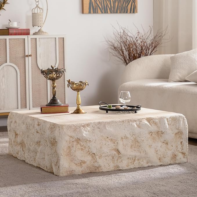 35.43" MgO Square Centre Coffee Table Vintage Faux Stone Sofa Pre-Modern Coffee Tables for Living Room Office Apartment,Amber