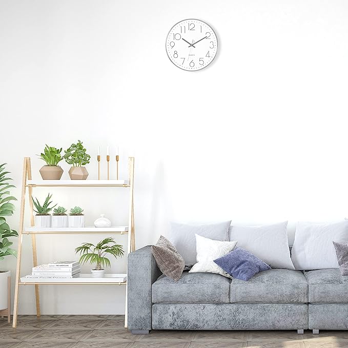 Foxtop Silver Wall Clock Silent Non-Ticking Battery Operated Round Modern Wall Clock for Office School Home Living Room Bedroom Bathroom Kitchen Decor 12 inch