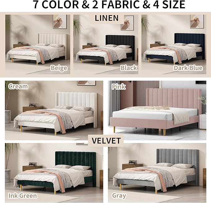 Twin Size Upholstered Platform Bed Frame with Modern Wingback & Vertical Panel Headboard, Velvet Fabric, Wooden Legs & Slats Support, No Box Spring Needed, Noise-Free & Easy Assembly, Cream